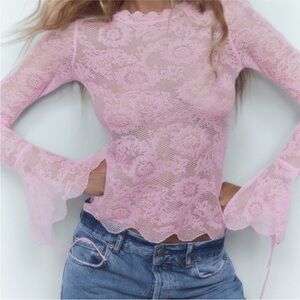 Zara Pink Lace Blouse with Bell Sleeves